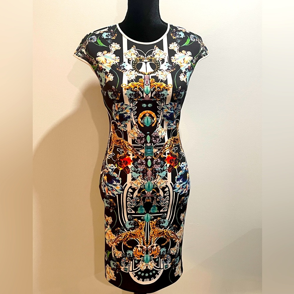 Clover Canyon Mystical Leopard  & Jewel Print Neoprene Scuba Dress Size M |Black